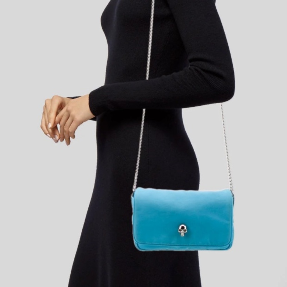 NWT🔥ALEXANDER MCQUEEN🔥Skull top flap blue nylon purse w/ chain shoulder strap